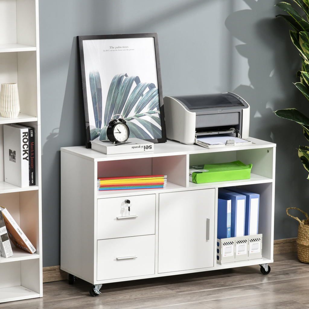 HOMCOM Printer Stand Home Office Mobile Cabinet Organizer Desktop with Caster Wheels, 2 Locking Breaks and Drawer, White | Pr
