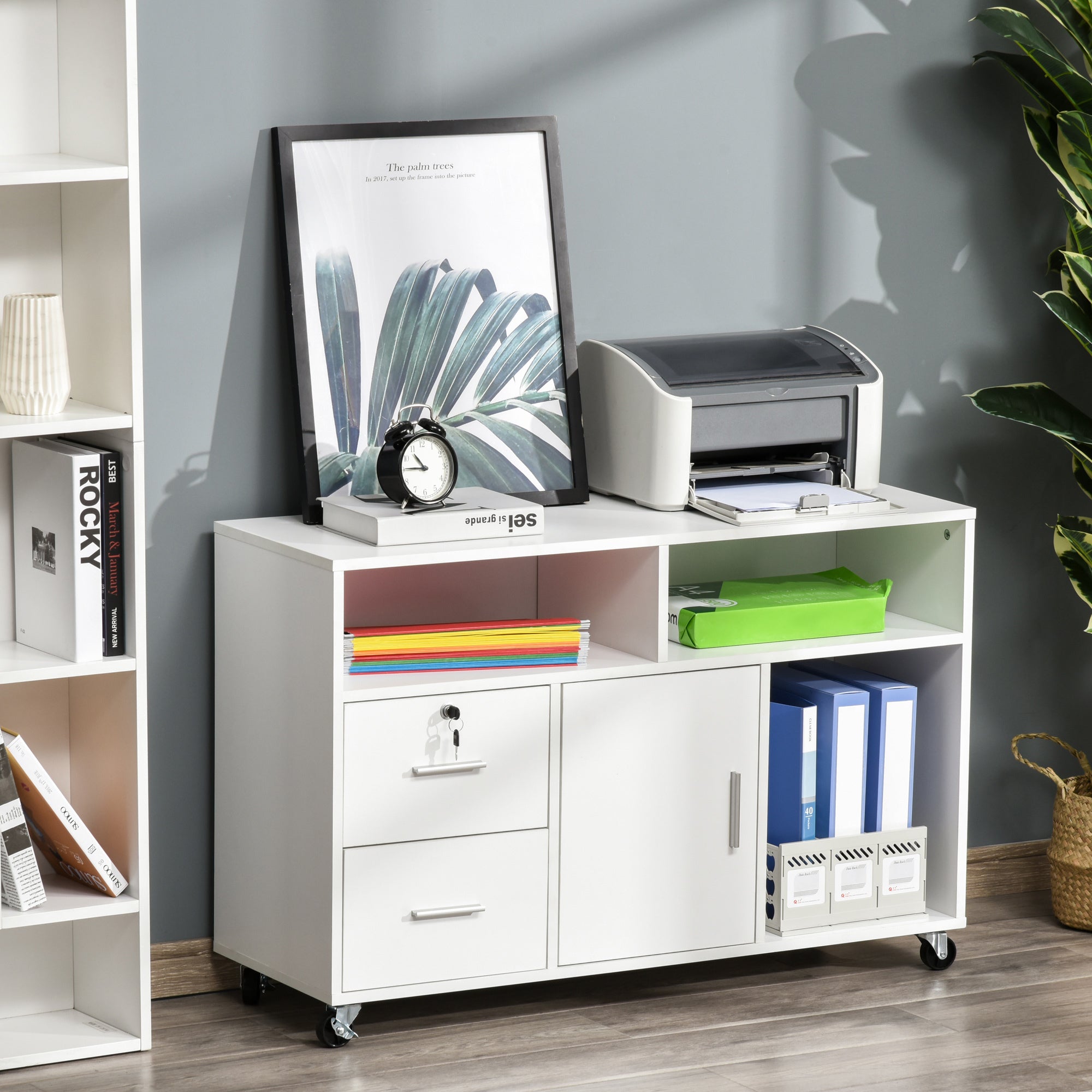 HOMCOM Printer Stand Home Office Mobile Cabinet Organizer Desktop with Caster Wheels, 2 Locking Breaks and Drawer, White | Pr