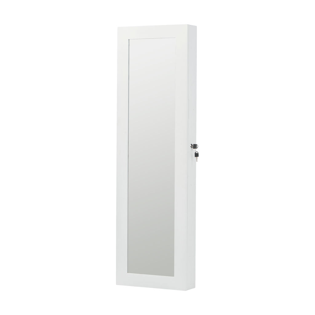 White Solid Wood Jewelry Armoire Organizer with Full-Length Mirror, Wall-Mounted Lockable Cabinet with LED Light, 47.5x14.3 in - Grand Goldman Shop