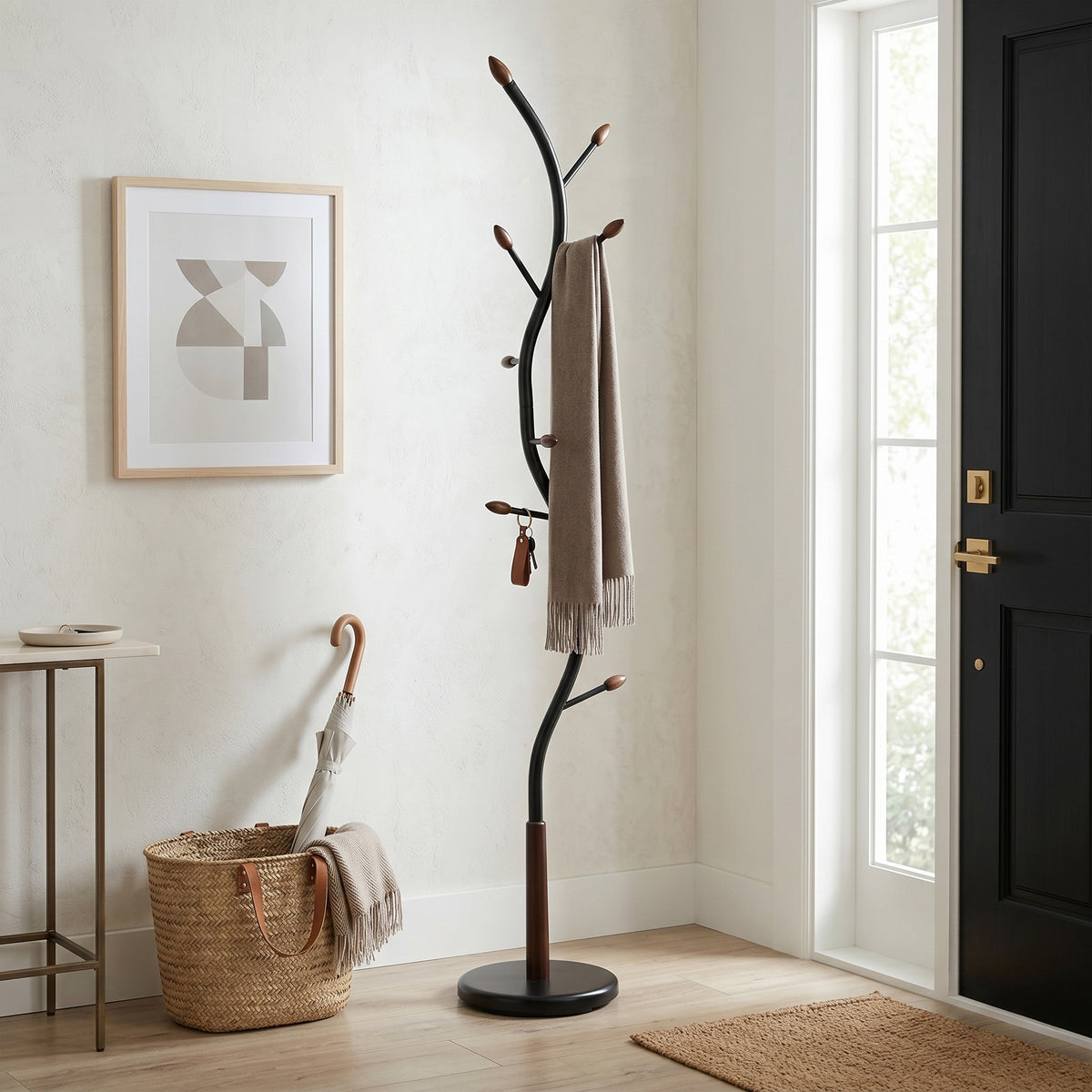 Arles Metal Black and Walnut Standing Coat Rack - Grand Goldman Shop