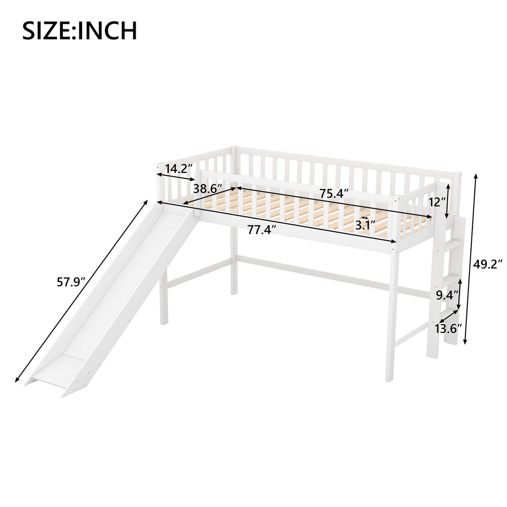 Twin Size Low Loft Bed with Ladder and Slide,White(OLD SKU:WF196418AAK) - Grand Goldman Shop