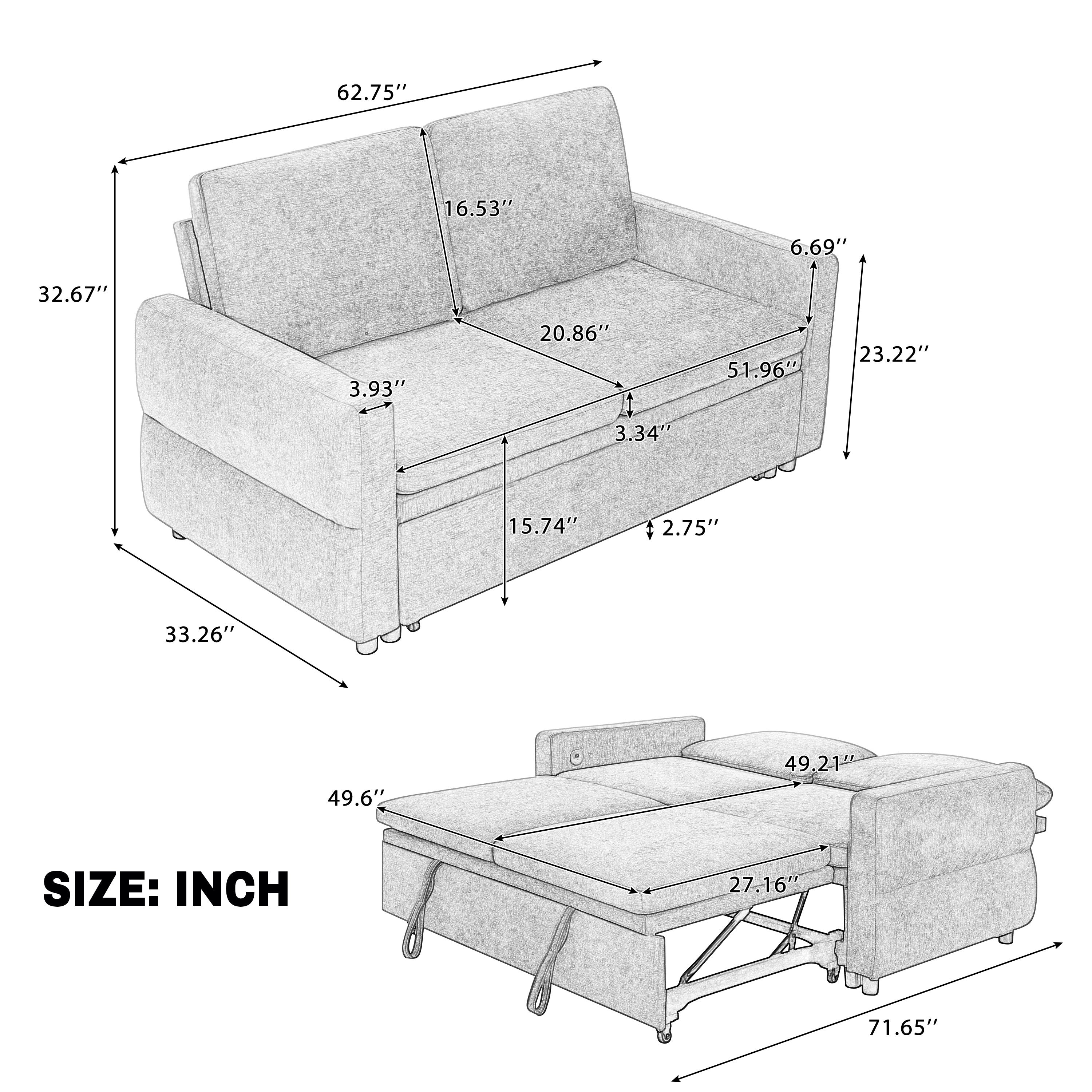 Convertible Sofa Bed 62.75' Loveseat with Adjustable Backrest and USB Ports in Blue Chenille Fabric - Grand Goldman Shop