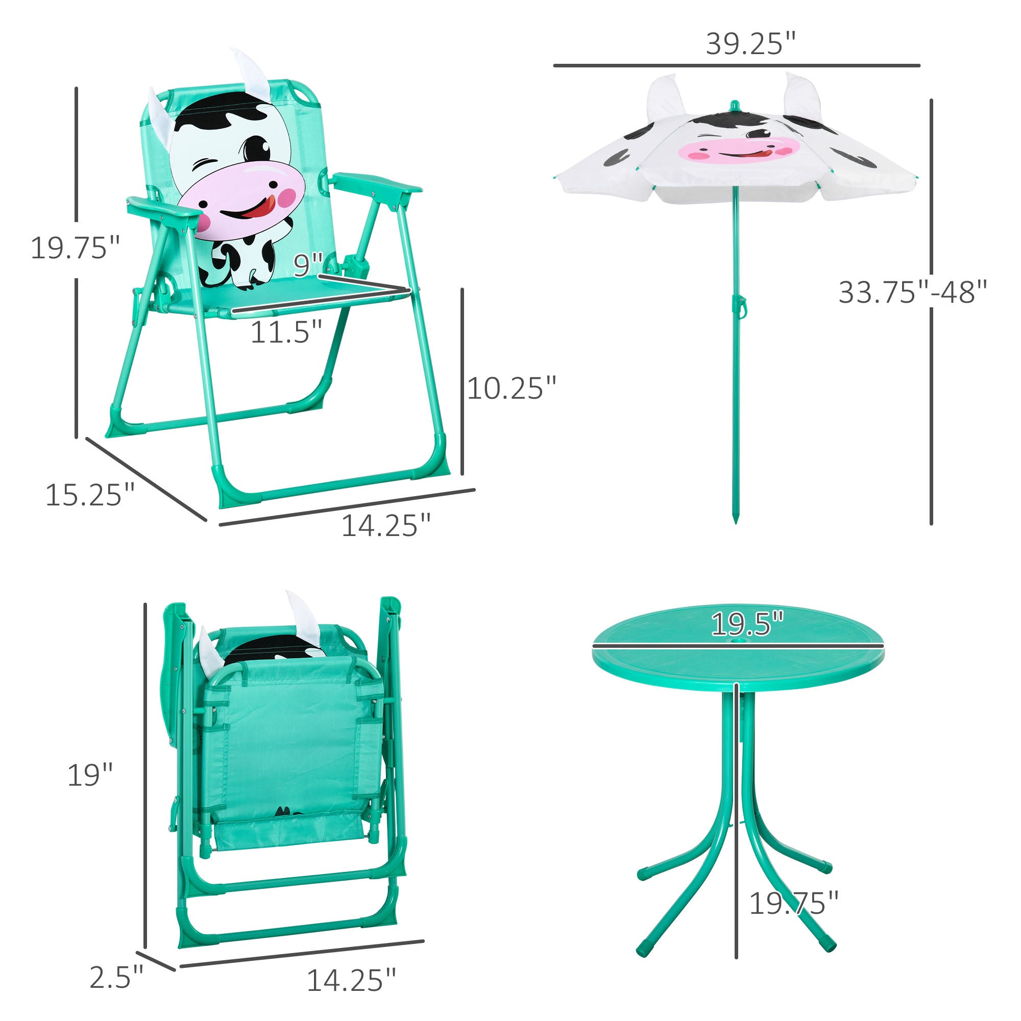 Kids Table and Chair Set, Outdoor Folding Garden Furniture, Picnic Table for Patio Backyard, with Dairy Cow Pattern, Removabl