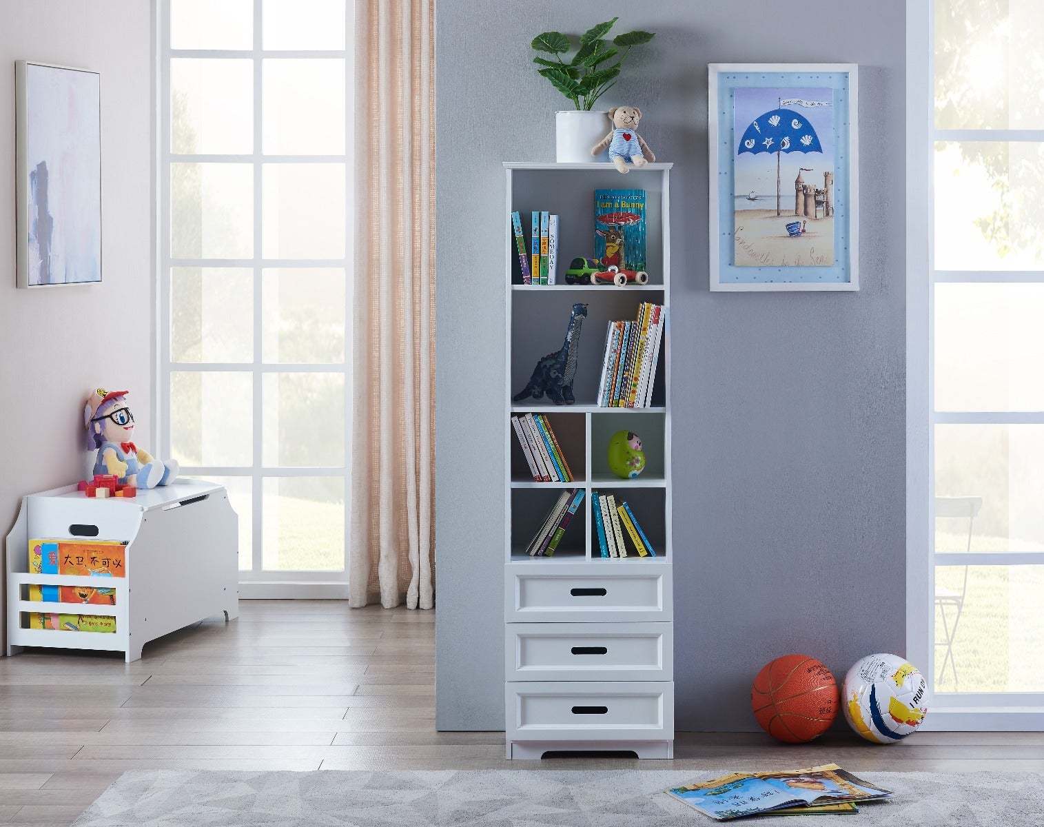 Kids Funnel White Bookcase Book Shelf Storage Unit with Book Display/Organizer Drawers - Classic White Color | Premium Home D