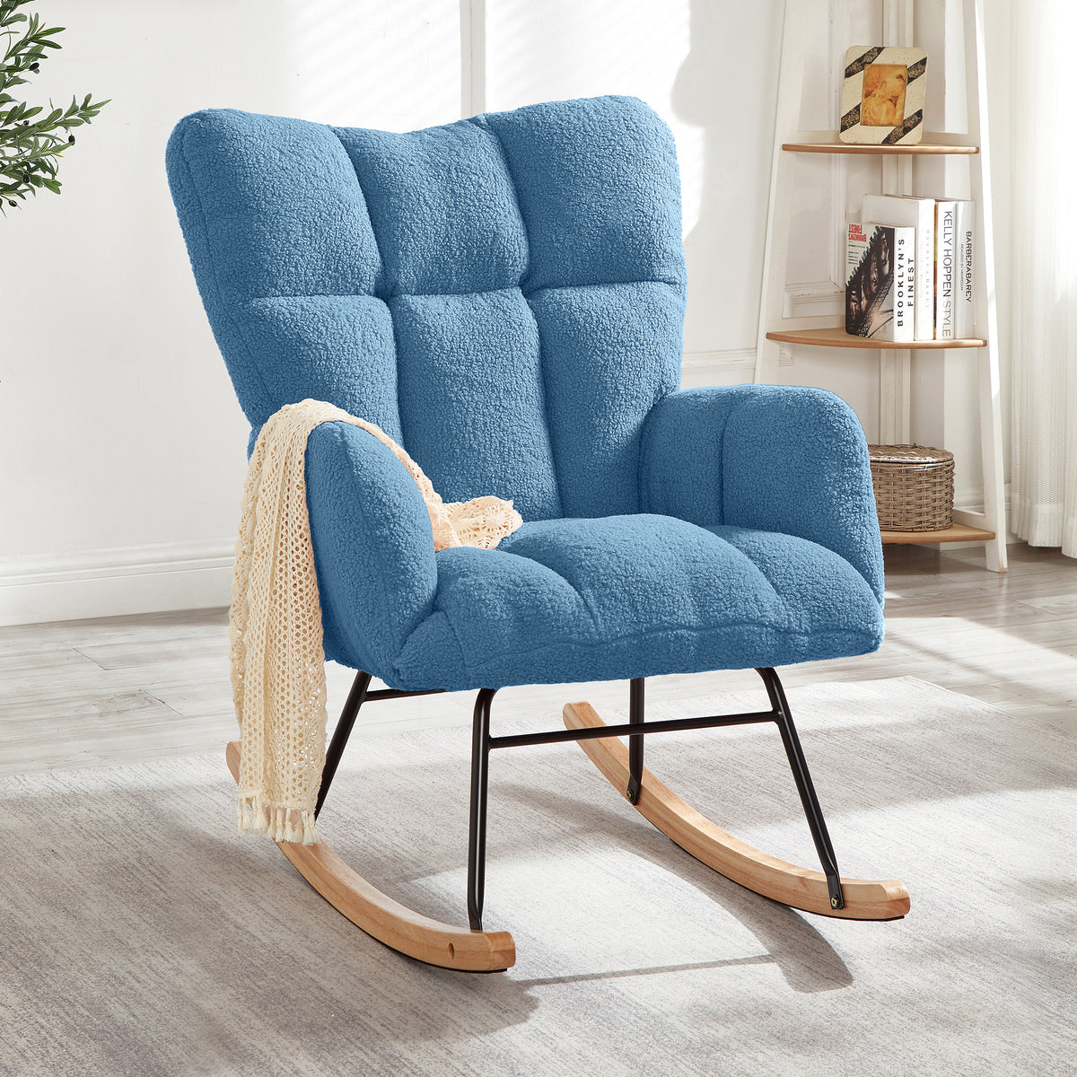 Glider Chair for Living Room Tufted Upholstered Teddy Fabric Rocking Chair with Metal Frame Accent Chair Blue - Grand Goldman Shop