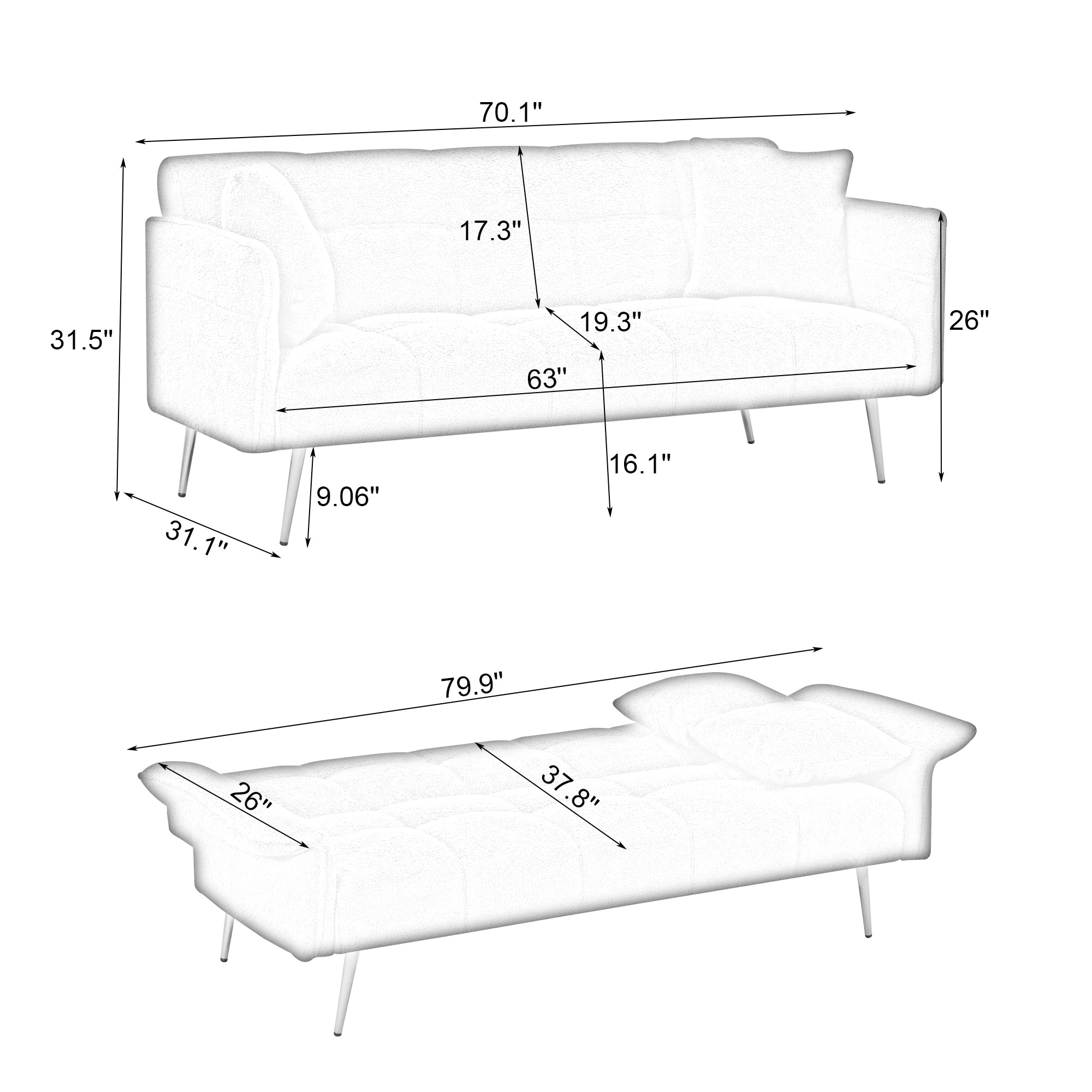 Green Teddy Velvet Futon Sofa Bed with Folding Armrests, Convertible Double Sofa Bed for Small Living Rooms and Studios - Grand Goldman Shop