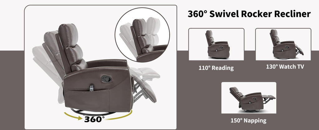 Heat Massage Manual Recliner Chair with Rocker and Swivel in Fabric for Living Room, Brown - Grand Goldman Shop