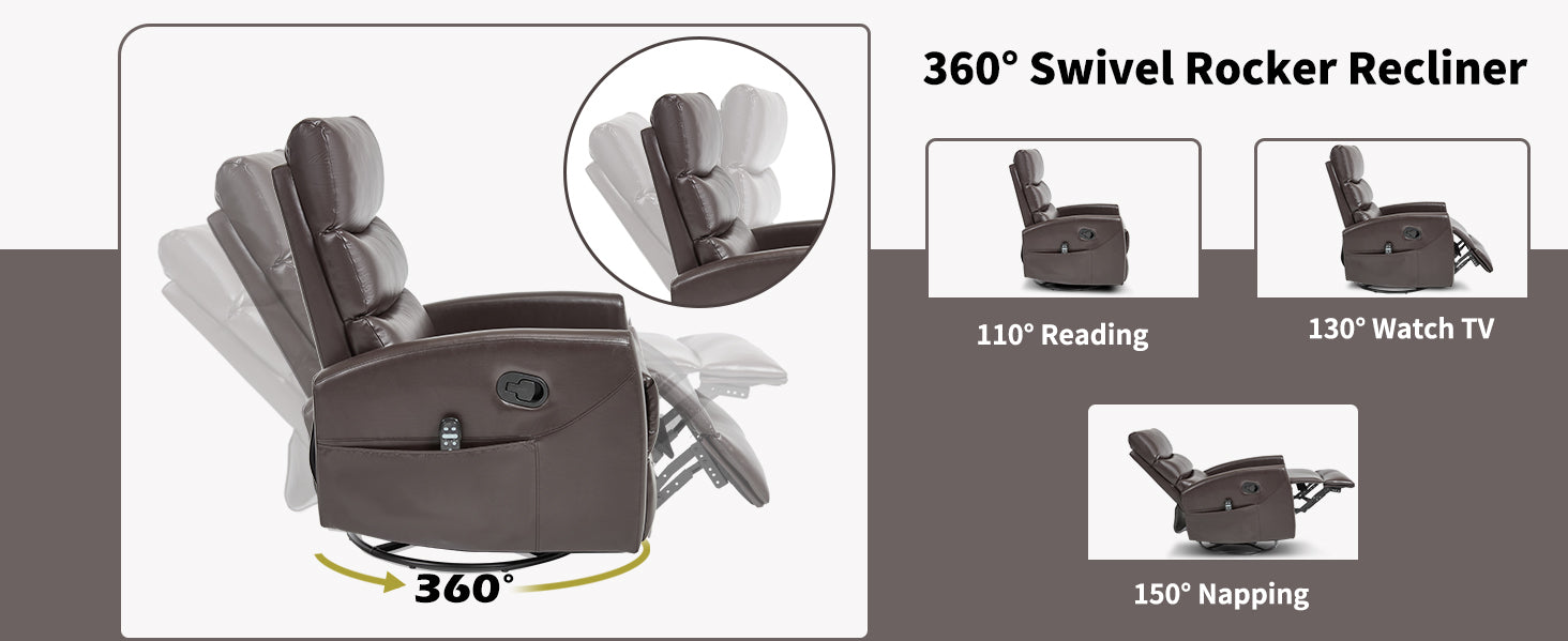 Heat Massage Manual Recliner Chair with Rocker and Swivel in Fabric for Living Room, Brown - Grand Goldman Shop