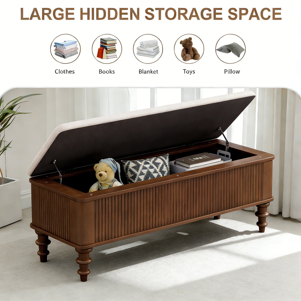 Walnut Multi-Functional Storage Ottoman Bench with Linen Seat, Solid Rubberwood Bed End Bench for Bedroom, Entryway, Living Room, Closet - Grand Goldman Shop