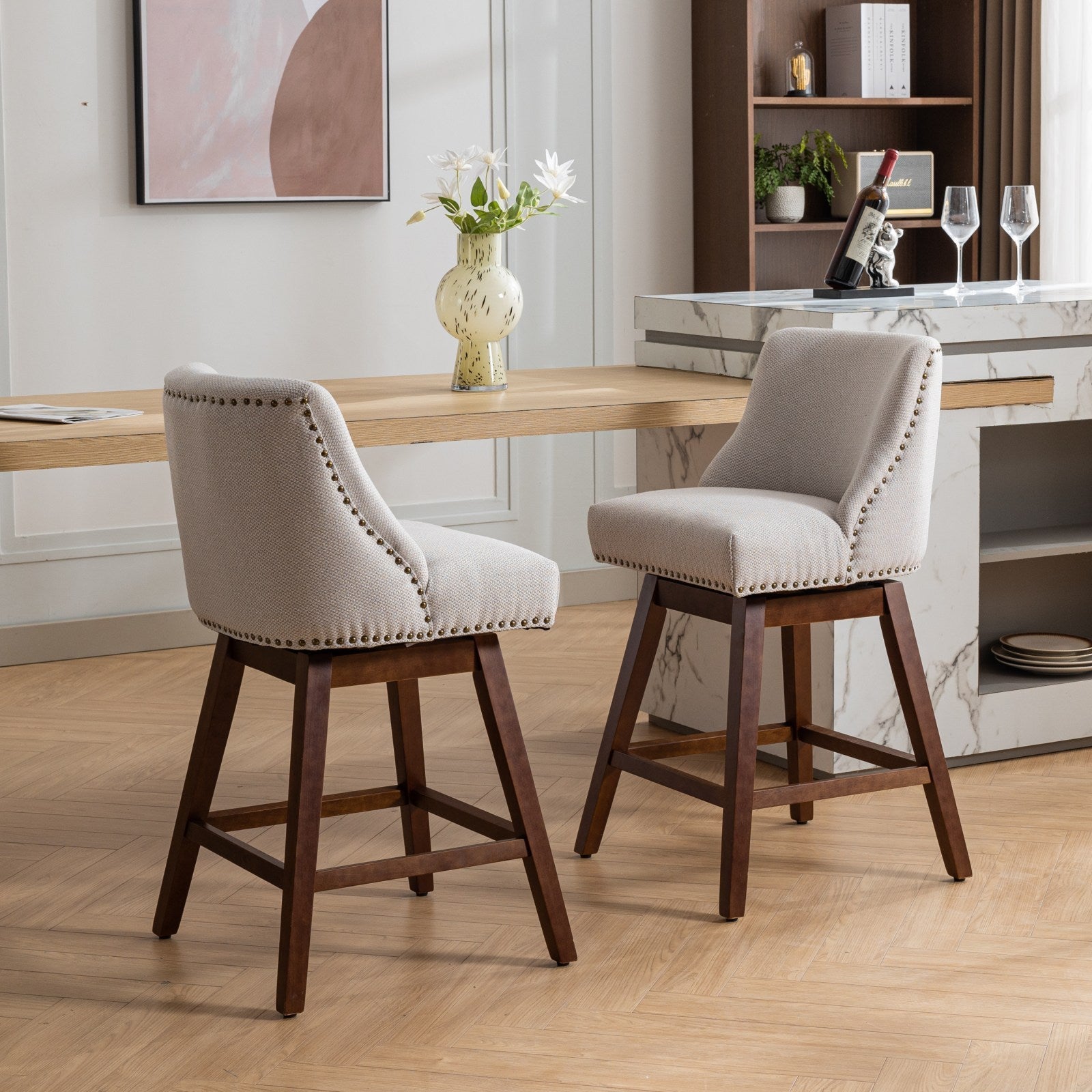 Ivory Upholstered Counter Height Swivel Barstools Set of 2, 26'' H Seat, Fabric and Rubber Wood - Grand Goldman Shop