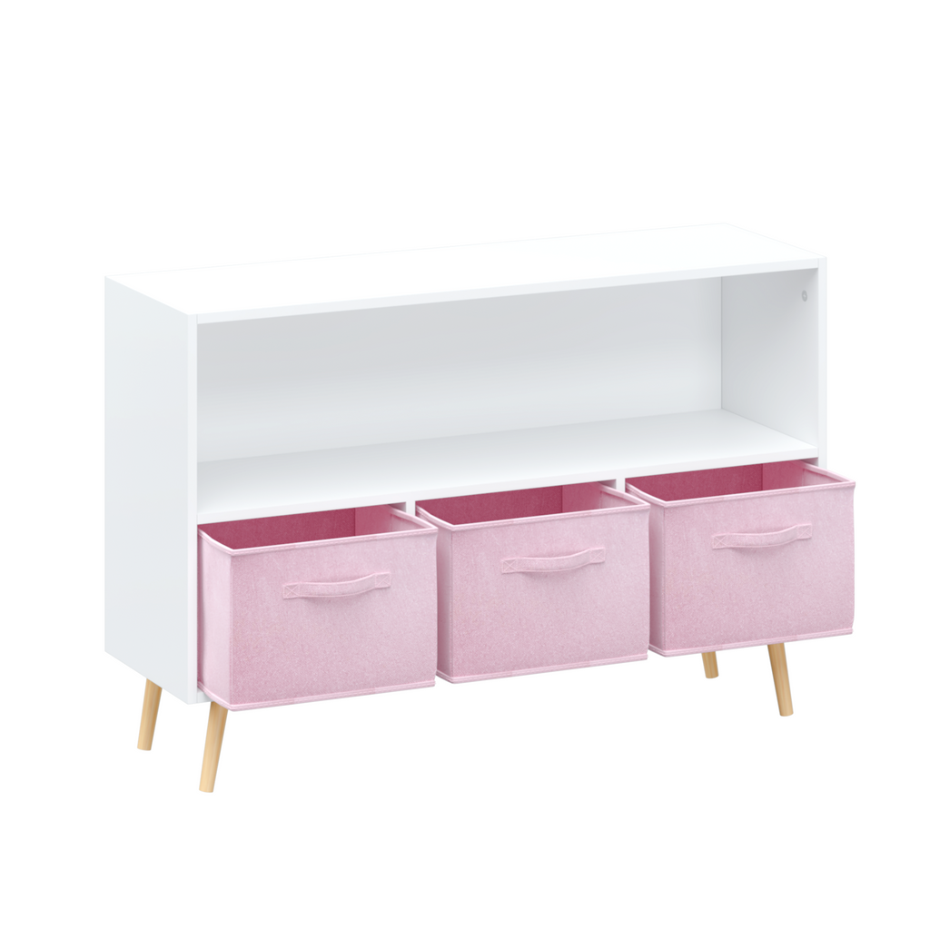Modern Kids Bookcase with Collapsible Fabric Drawers, Children's Book Display & Toy Storage, White/Pink MDF & Pine Legs | Pre