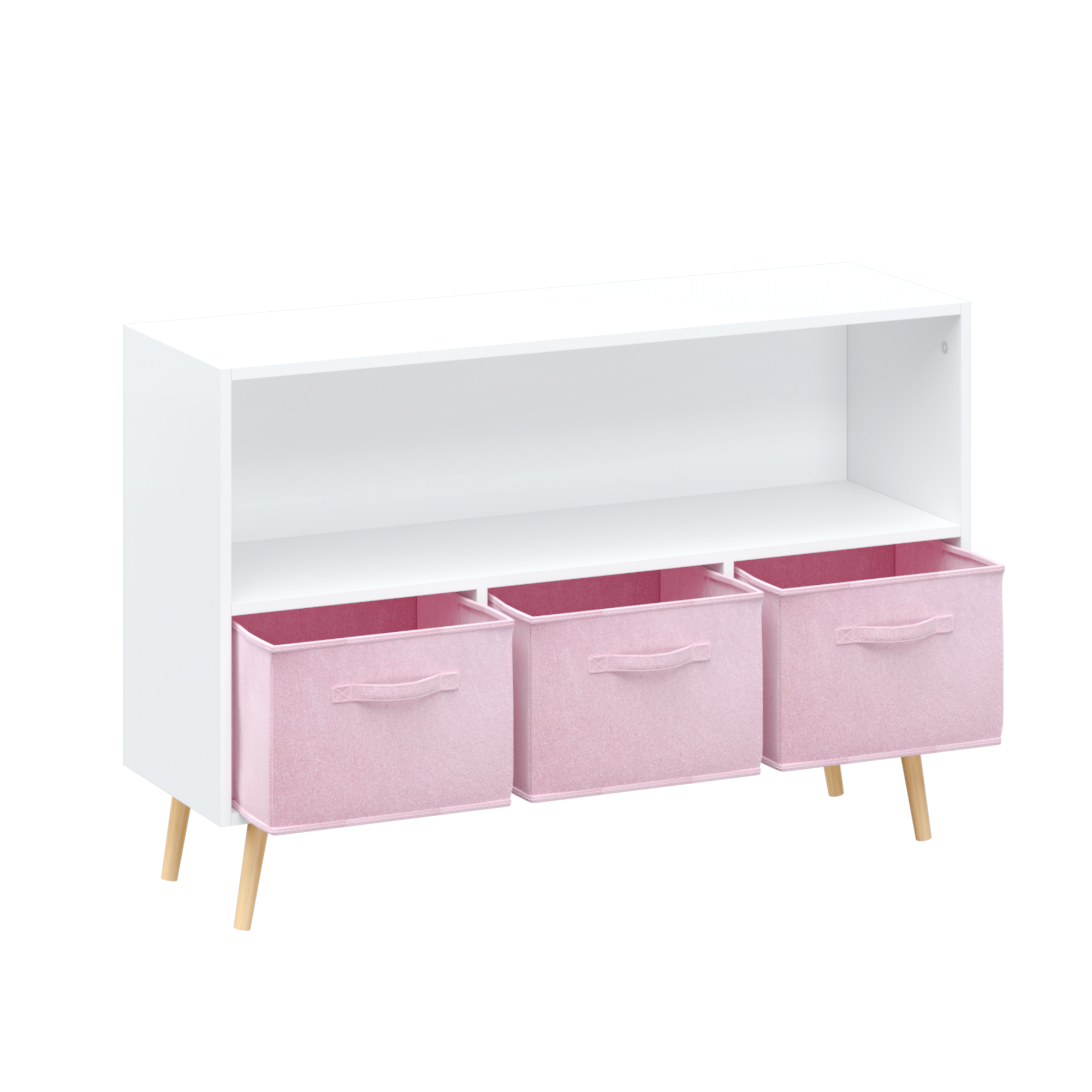 Modern Kids Bookcase with Collapsible Fabric Drawers, Children's Book Display & Toy Storage, White/Pink MDF & Pine Legs | Pre
