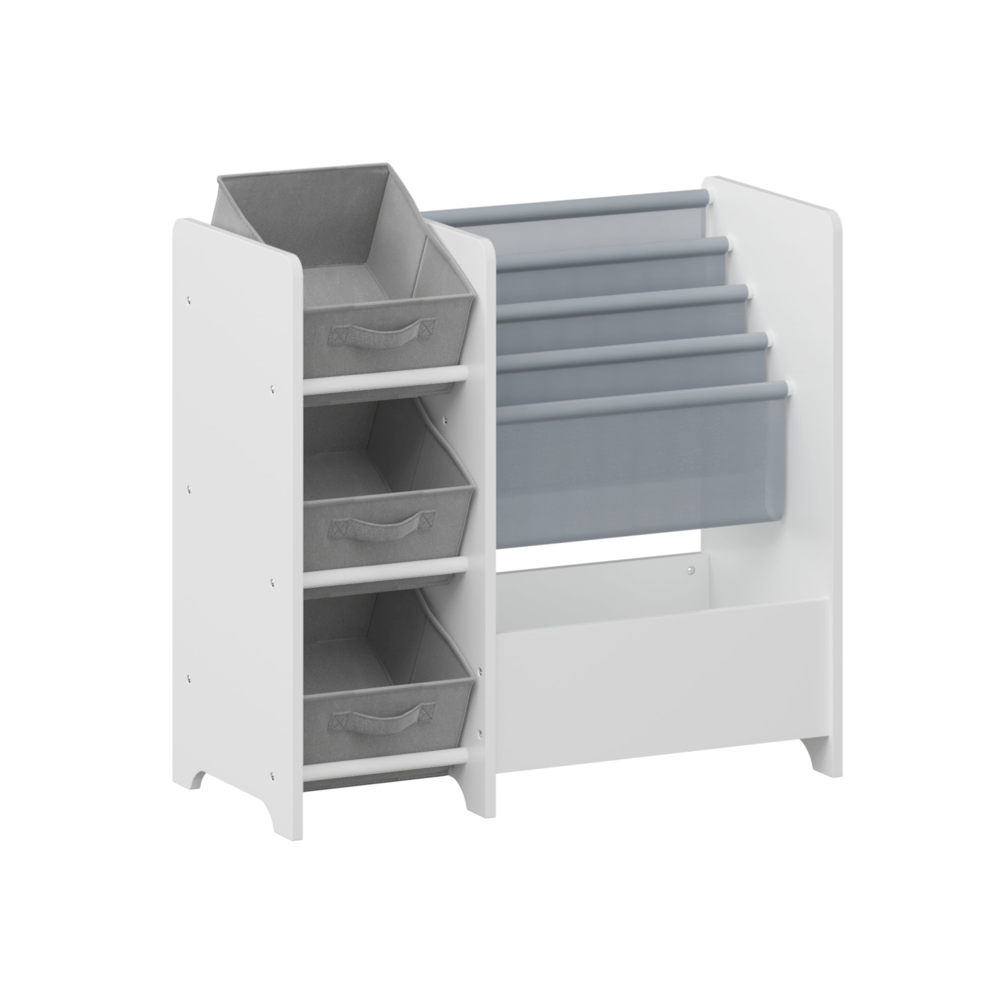 Kids Bookshelf and Toy Storage Organizer, Multifunctional 4-Tier White MDF Bookshelf with 3 Collapsible Fabric Drawers for Nu