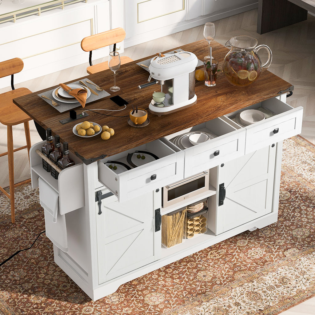 K&K 53.7' Farmhouse Kitchen Island with Power Outlet, 2 Sliding Barn Door Kitchen Storage Island with Drop Leaf, Spice Rack Rolling Kitchen Cart on Wheels, for Home, Kitchen and Dining Room, White - Grand Goldman Shop