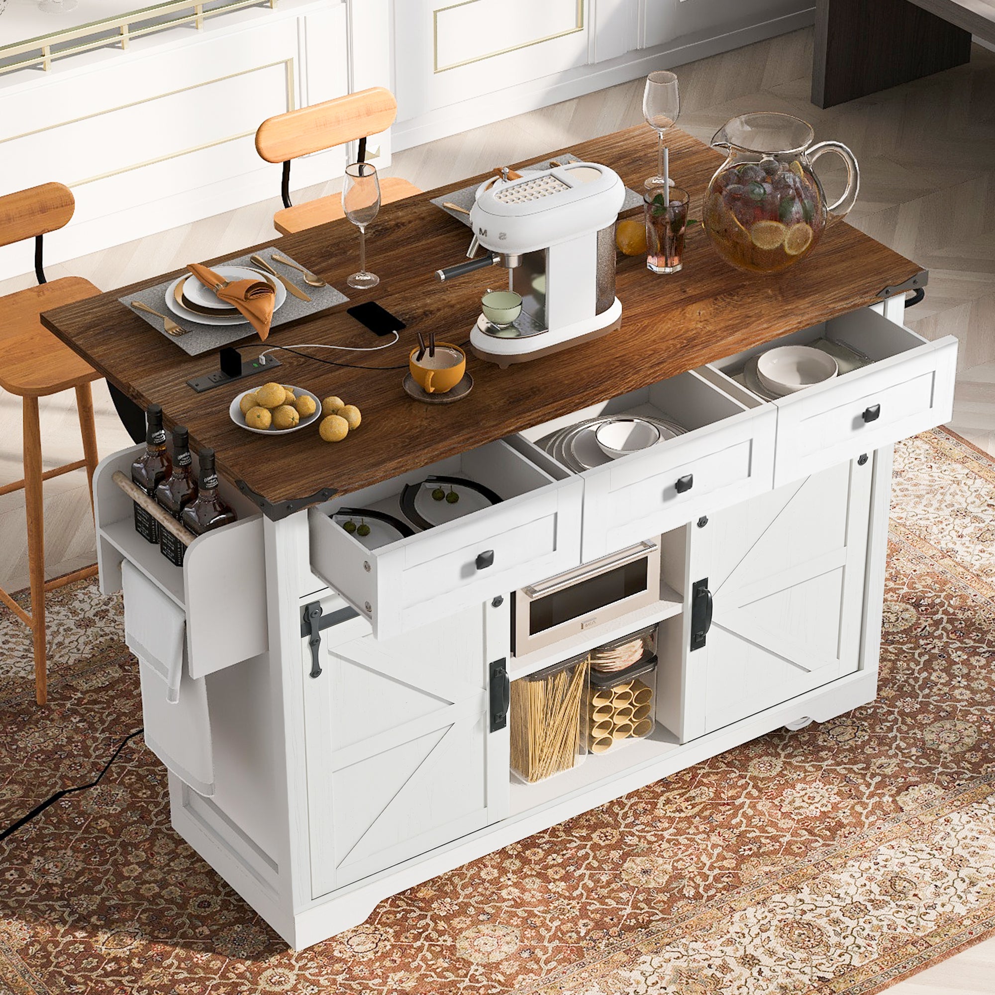 K&K 53.7' Farmhouse Kitchen Island with Power Outlet, 2 Sliding Barn Door Kitchen Storage Island with Drop Leaf, Spice Rack Rolling Kitchen Cart on Wheels, for Home, Kitchen and Dining Room, White - Grand Goldman Shop