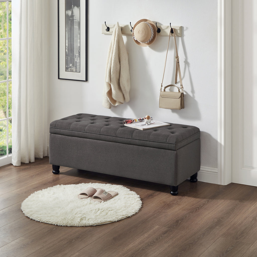 Upholstered tufted button storage bench ,Linen fabric entry bench with spindle wooden legs, Bed bench- Dark Gray - Grand Goldman Shop