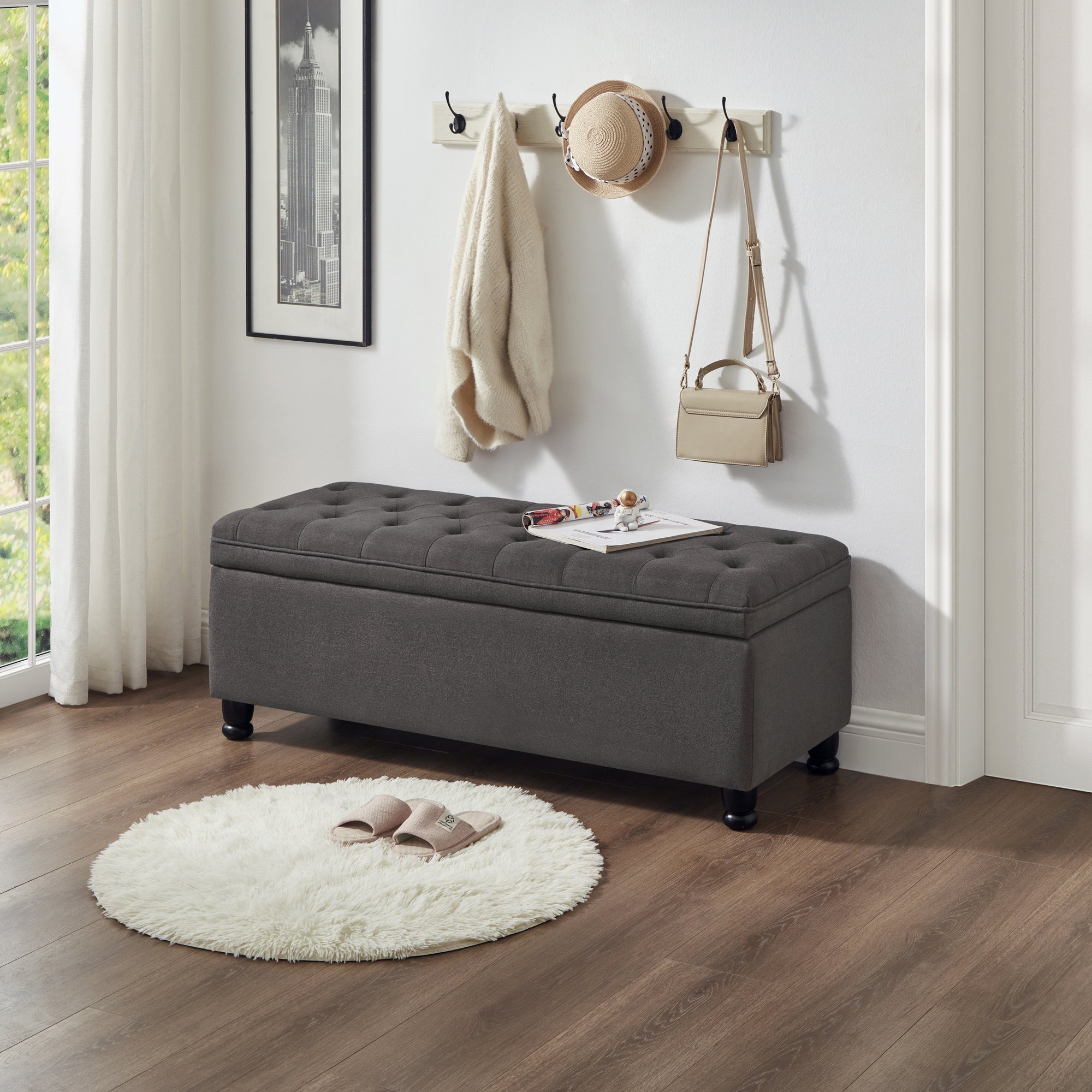 Upholstered tufted button storage bench ,Linen fabric entry bench with spindle wooden legs, Bed bench- Dark Gray - Grand Goldman Shop