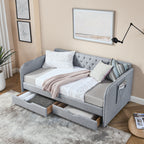 Linen Grey Mid-Century Style Twin Daybed with Trundle and Storage Drawers, Flat Arms with Pocket, Extendable for Bedroom or Living Room - Grand Goldman Shop