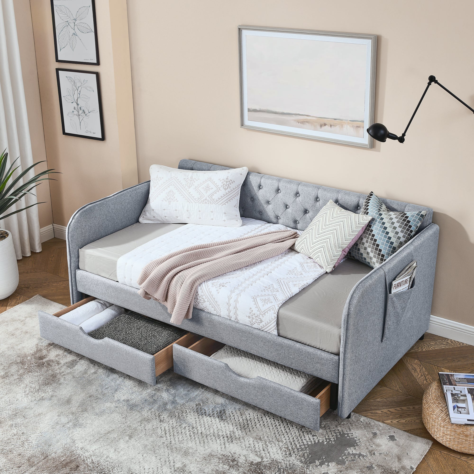 Linen Grey Mid-Century Style Twin Daybed with Trundle and Storage Drawers, Flat Arms with Pocket, Extendable for Bedroom or Living Room - Grand Goldman Shop