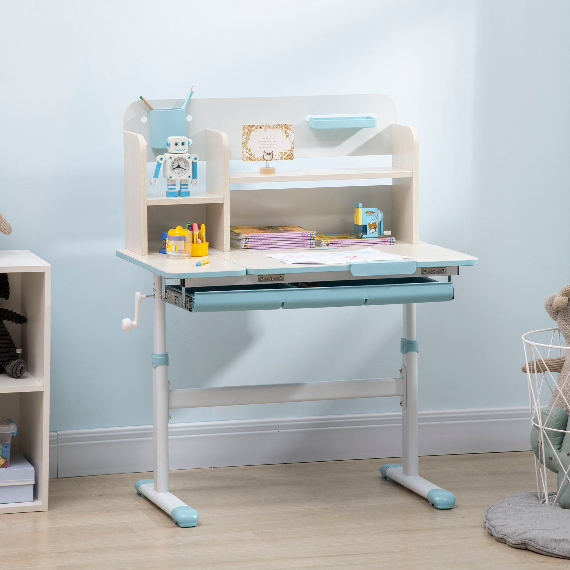 Wooden Kids Study Desk, Height Adjustable Children School Study Table, Student Writing Desk with Tilt Desktop, Drawer, Storag