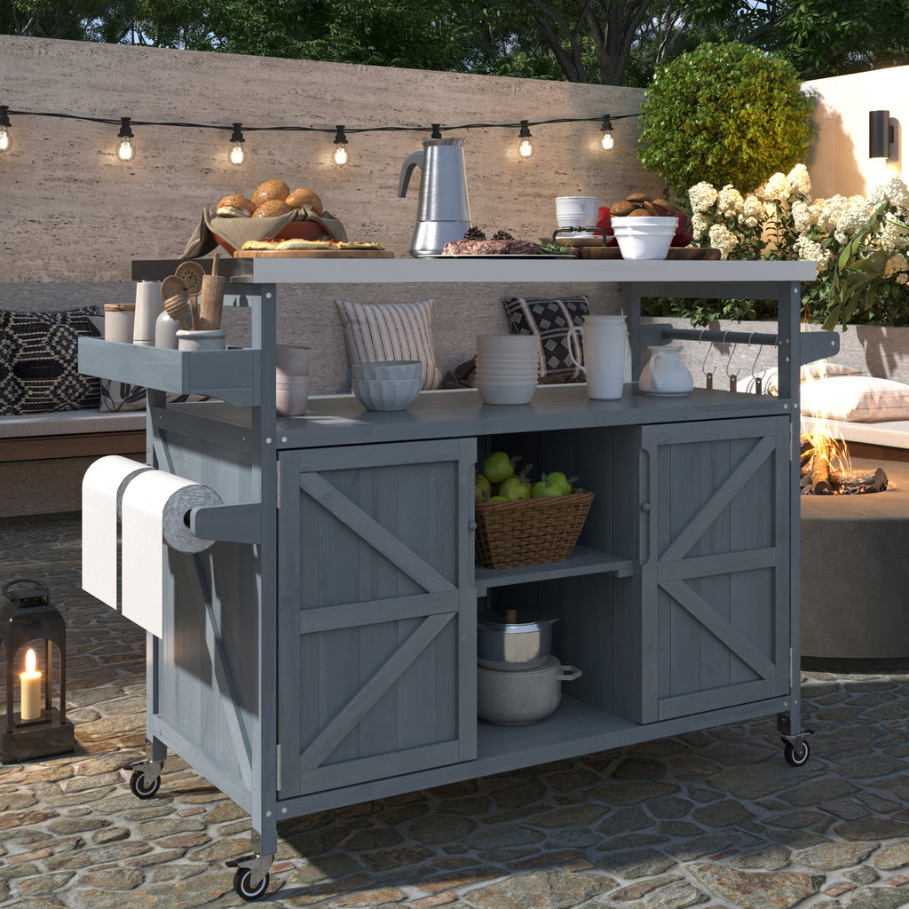 K&K Outdoor Kitchen Island, Rolling Bar Cart & Storage Cabinet, Farmhouse Solid Wood Outdoor Grill Table with Stainless Steel Top, Spice Rack , Towel Rack for Kitchen & BBQ , Grey Blue - Grand Goldman Shop