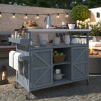 K&K Outdoor Kitchen Island, Rolling Bar Cart & Storage Cabinet, Farmhouse Solid Wood Outdoor Grill Table with Stainless Steel Top, Spice Rack , Towel Rack for Kitchen & BBQ , Grey Blue - Grand Goldman Shop