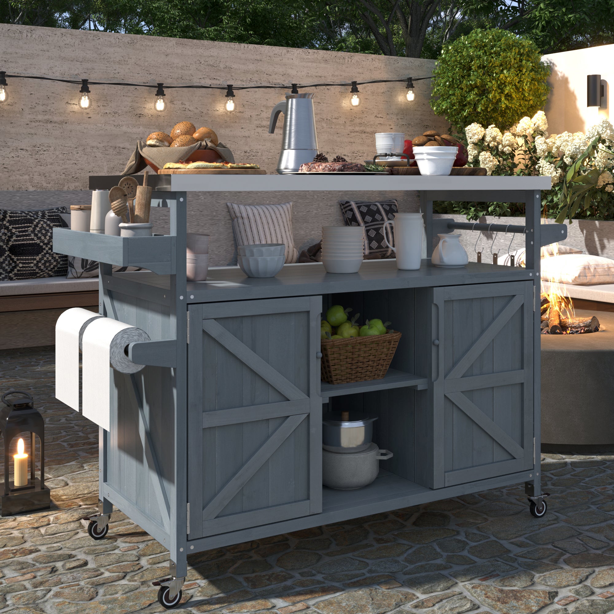 K&K Outdoor Kitchen Island, Rolling Bar Cart & Storage Cabinet, Farmhouse Solid Wood Outdoor Grill Table with Stainless Steel Top, Spice Rack , Towel Rack for Kitchen & BBQ , Grey Blue - Grand Goldman Shop