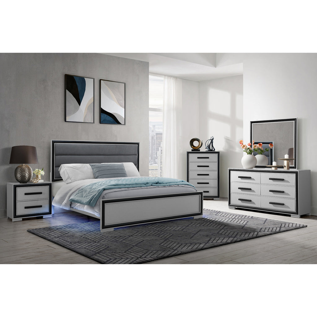 Adelaide Grey Black 5 Piece Queen Bedroom Set with Upholstered Headboard and LED Lighting - Grand Goldman Shop