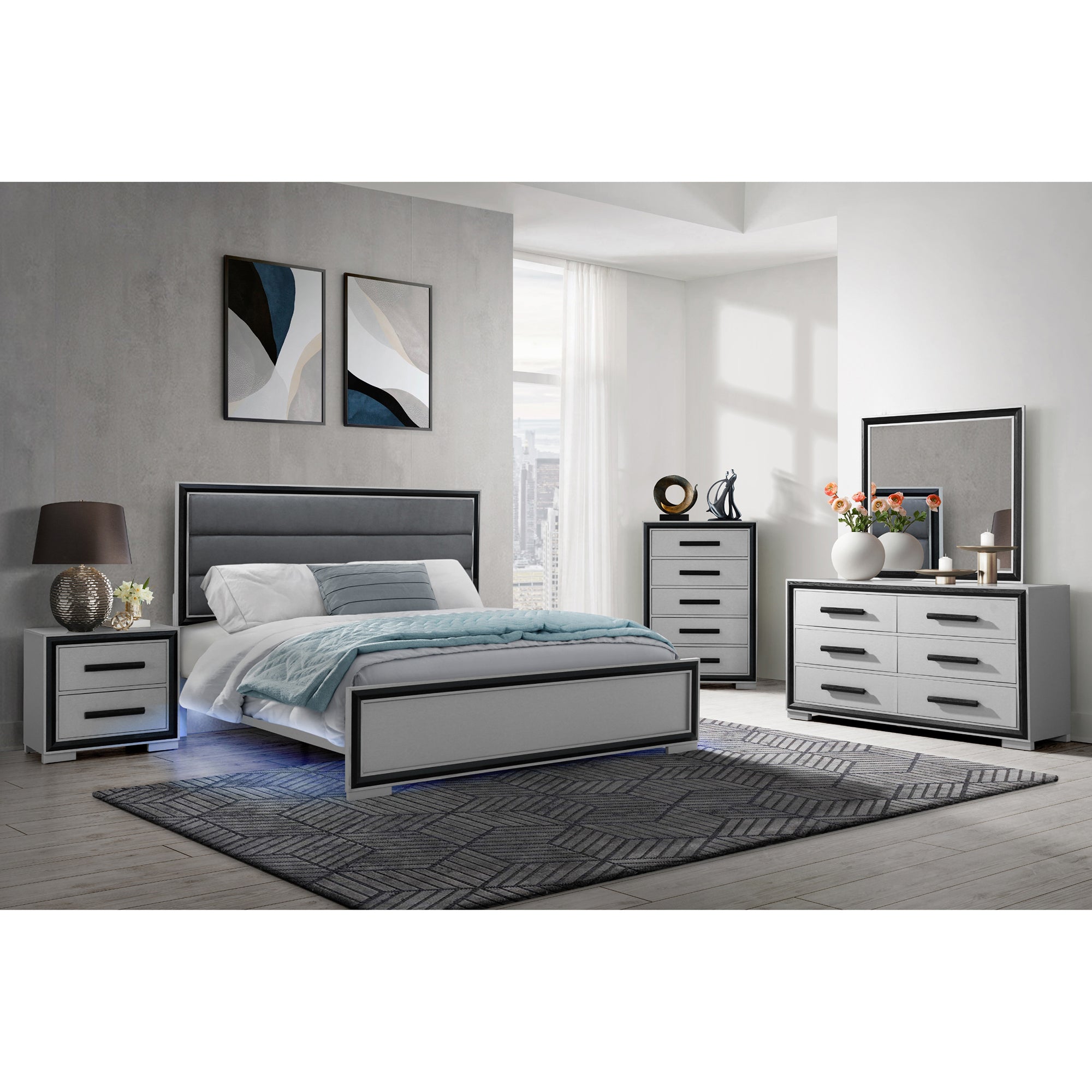 Adelaide Grey Black 5 Piece Queen Bedroom Set with Upholstered Headboard and LED Lighting - Grand Goldman Shop