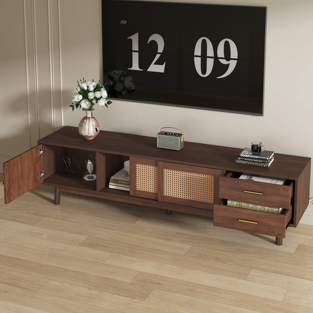 Mid Century Modern TV Stand for 80' TVs with Sliding Doors and Drawers, Dark Brown Rattan Accent Storage Unit in Solid Wood and MDF, 70.87' L x 15.35' W x 18.11' H - Grand Goldman Shop