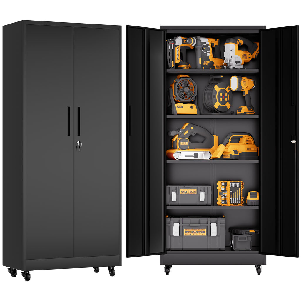 71'H Metal Garage Storage Cabinet with Wheels and Lock, Heavy Duty Rolling Metal Cabinet, 4 Adjustable Shelves (180lb Each), 