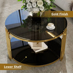 Modern Black Mirror Coffee Table, Asymmetrical Metal, Circular Metal Drum Base, Gold Finish & Lower Shelf - Grand Goldman Shop