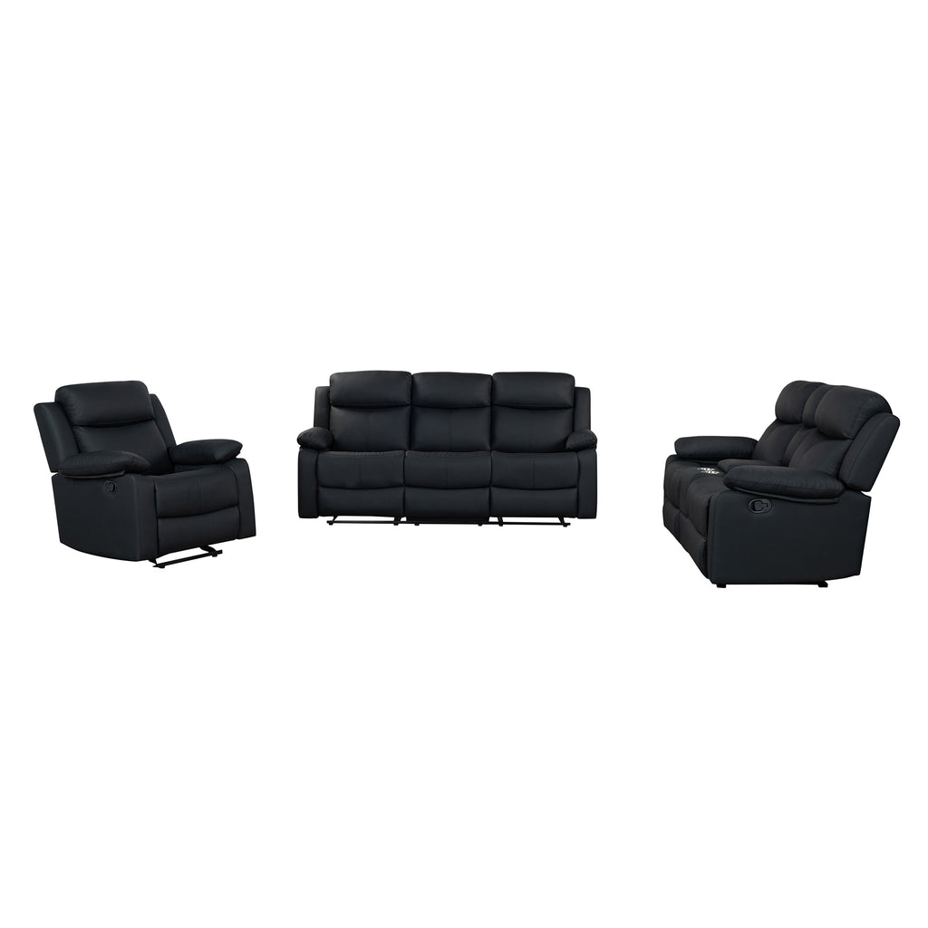 Blanche Black 3PC Reclining Sofa and Loveseat and Glider Recliner with LED Lights and Speakers in Black Upholstered Fabric, Medium Firm Seating, 3-Piece Set - Grand Goldman Shop