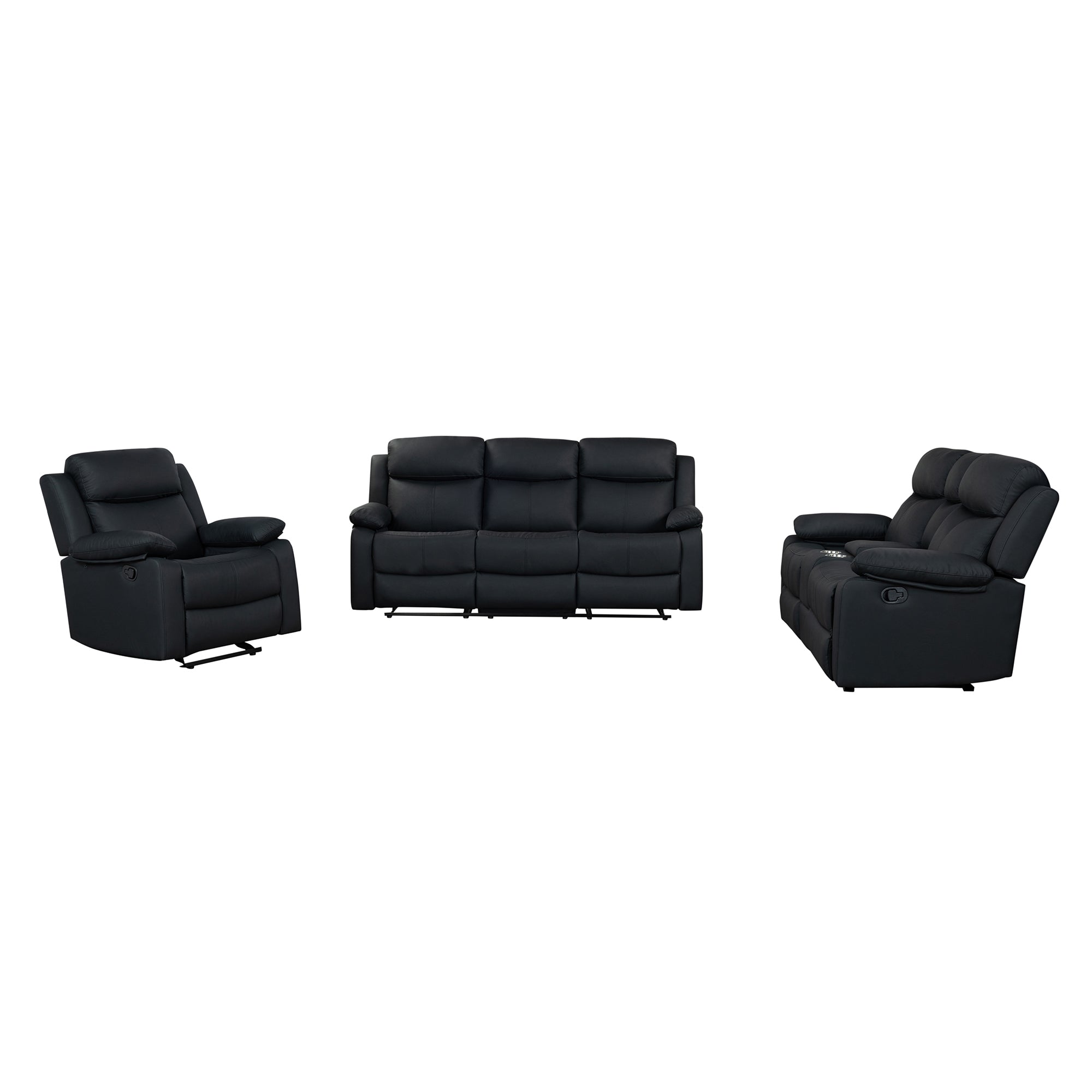 Blanche Black 3PC Reclining Sofa and Loveseat and Glider Recliner with LED Lights and Speakers in Black Upholstered Fabric, Medium Firm Seating, 3-Piece Set - Grand Goldman Shop