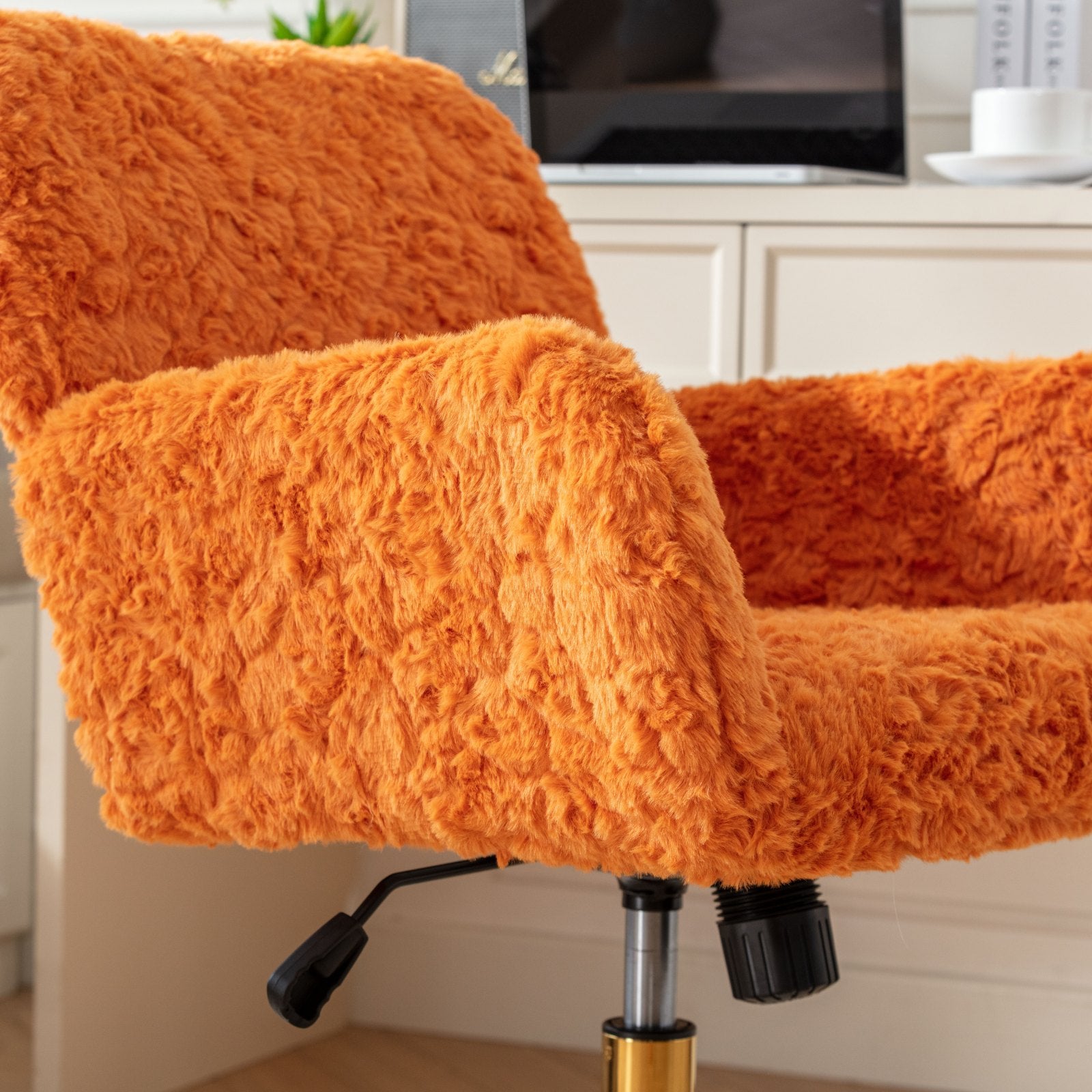 A&A Furniture Office Chair, Artificial Rabbit Hair with Golden Metal Base, Adjustable Swivel Desk Chair, Orange - Grand Goldm