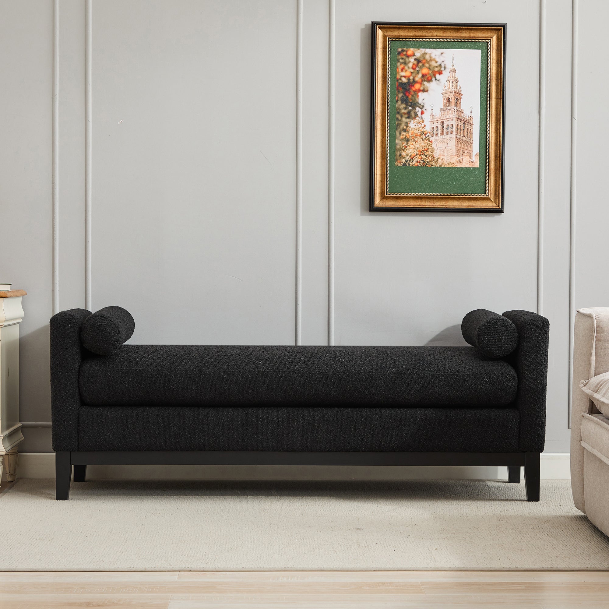 Elegant Upholstered Bench, Daybed, Ottoman with Wood Legs & 2 Bolster Pillows, Black Boucle, 66.34' - Grand Goldman Shop
