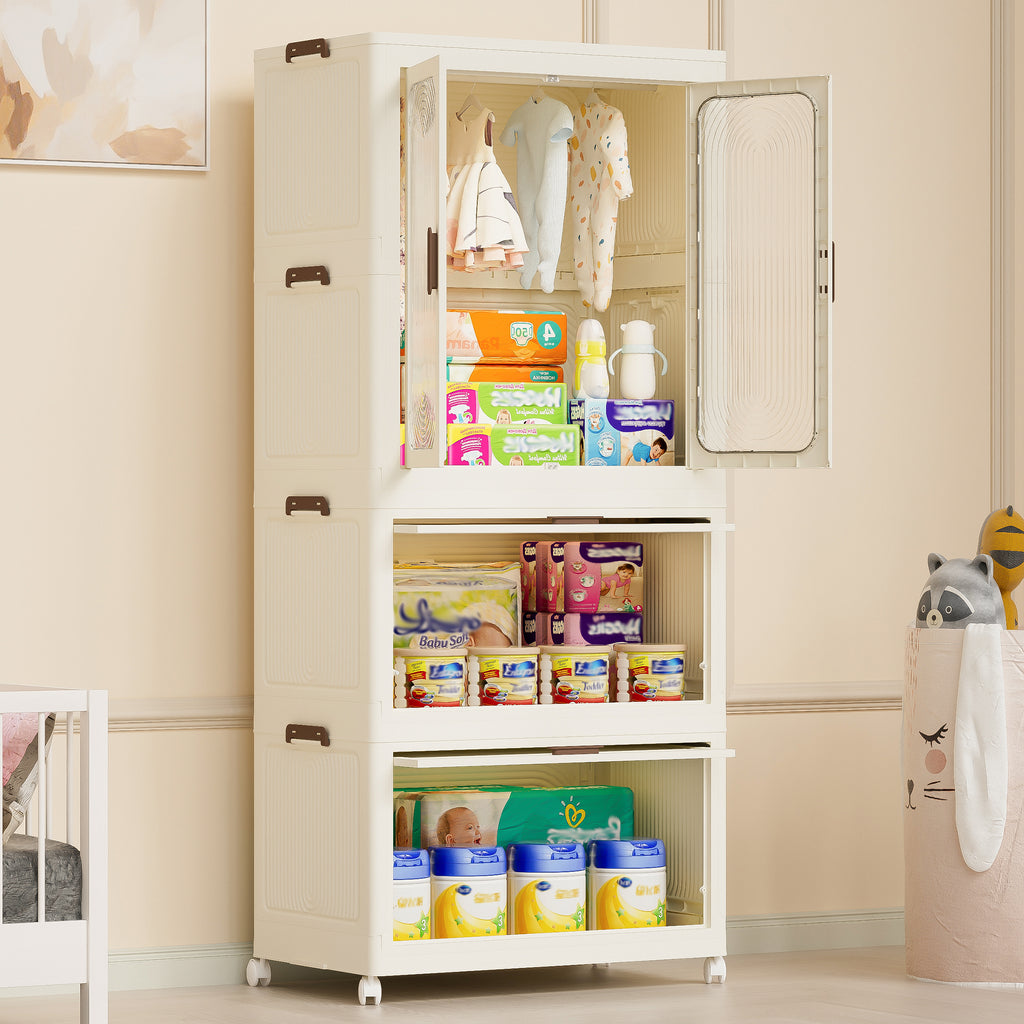 Portable Wardrobe Closet Storage Organizer with Magnetic Doors and Hanging Rod, Cream White - Grand Goldman Shop