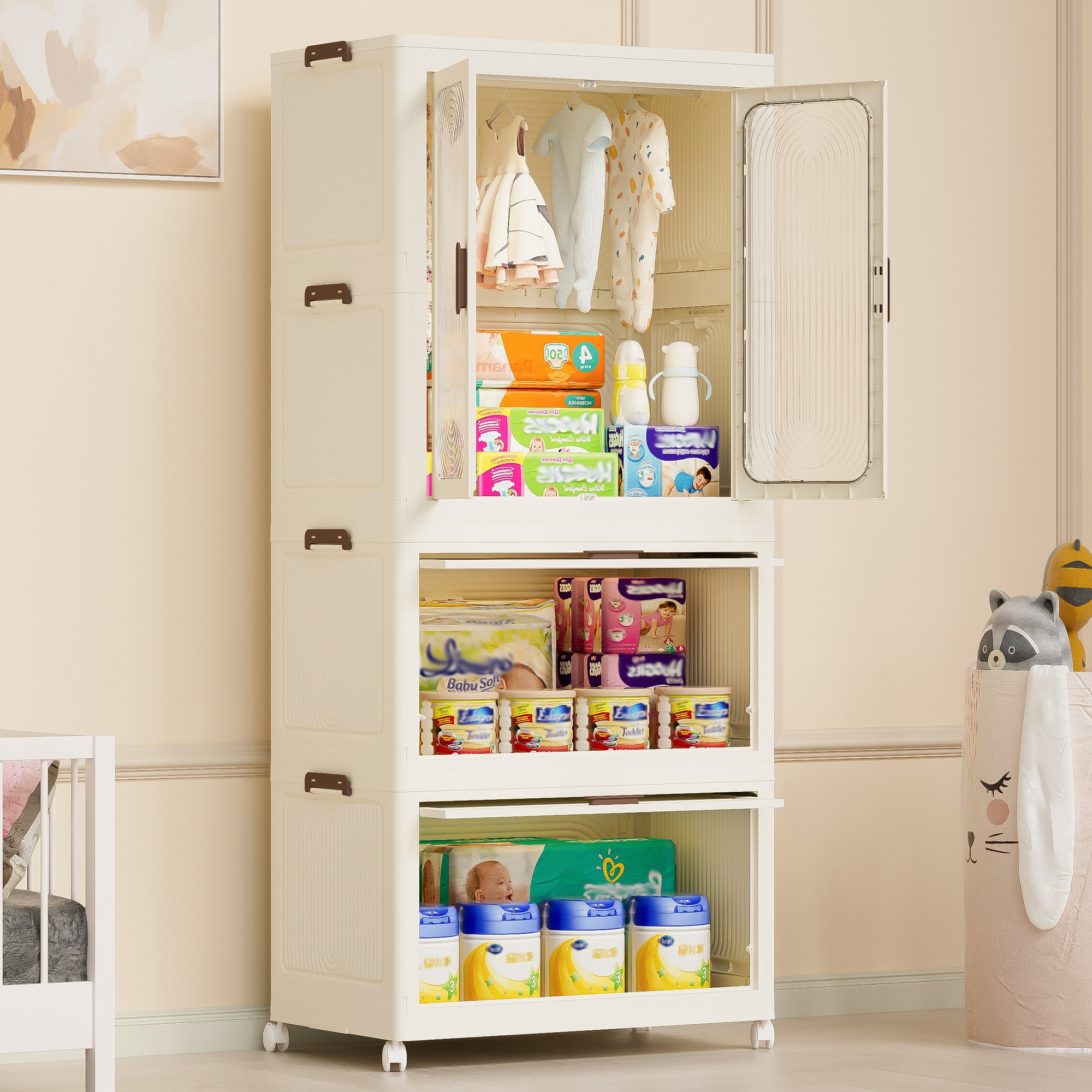 Portable Wardrobe Closet Storage Organizer with Magnetic Doors and Hanging Rod, Cream White - Grand Goldman Shop