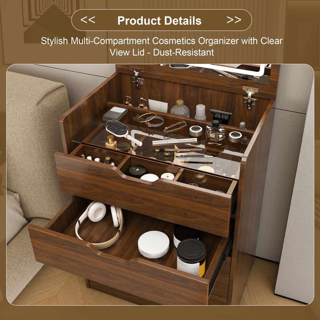 3-in-1 Vanity Desk with Lighted Mirror & Stool, Flip Top Makeup Dressing Table in Walnut Finish, Compact Storage for Bedroom, Bathroom, Dressing Room, 23.62'L - Grand Goldman Shop