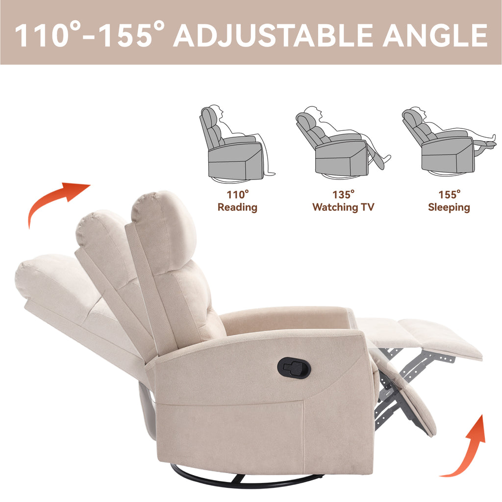Manual Recliner Chair with Rocker and Swivel in Fabric for Living Room, Beige - Grand Goldman Shop