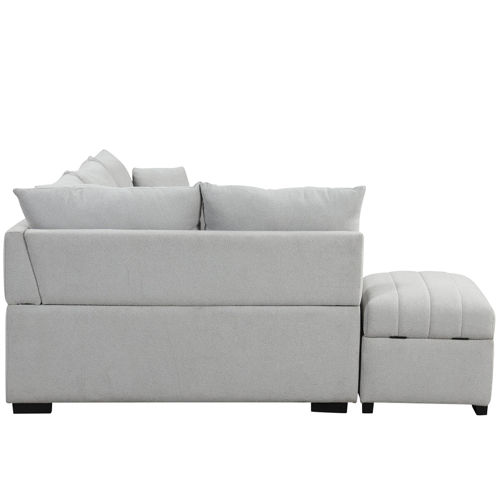 Modern L-shaped Sectional Pull Out Sofa Bed with USB Ports & Storage Ottoman, Gray Jacquard Fabric, 82.6' - Grand Goldman Shop