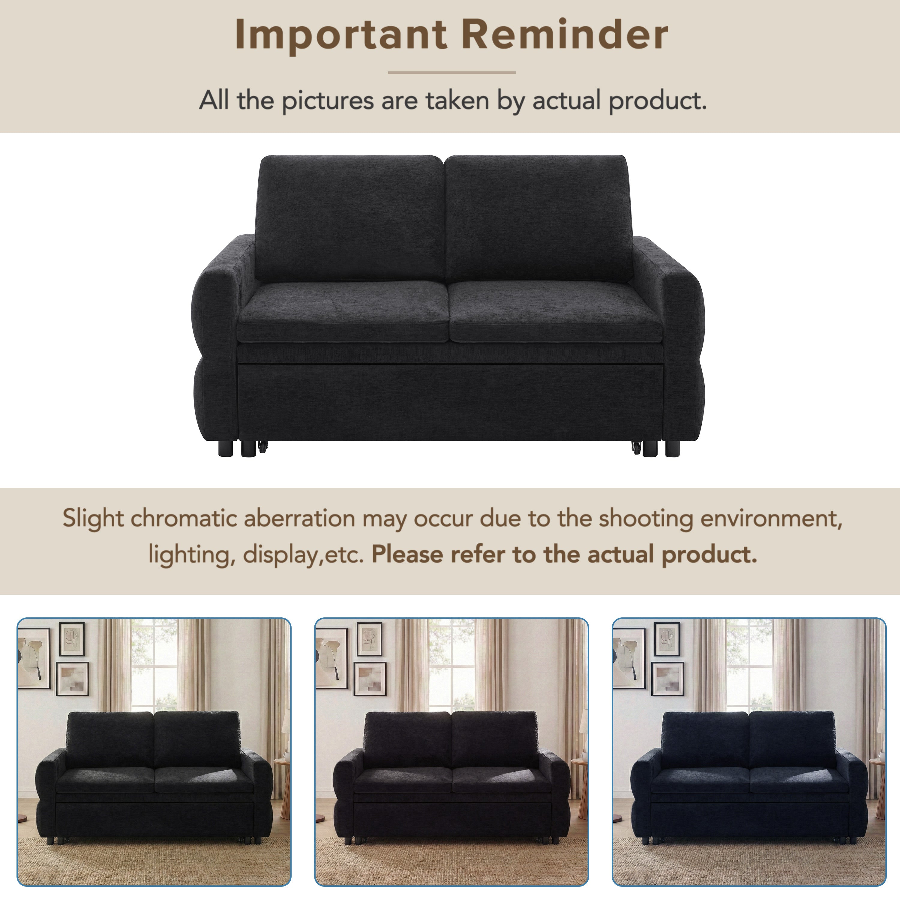 Black Convertible Sofa Bed Loveseat with Adjustable Backrest and USB Ports, 62.75' Chenille Upholstered Couch for Living Room or Small Space - Grand Goldman Shop