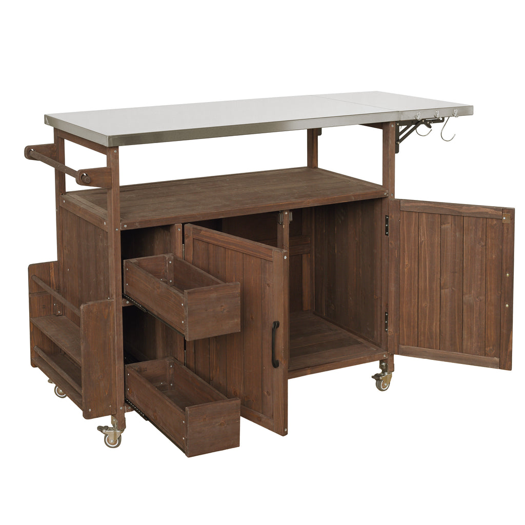 54.33' Farmhouse Rolling Outdoor Kitchen Cart, Solid Wood Frame with Stainless Steel Top, Spice Rack, Towel Rack, Lockable Wheels & Multi-Functional Storage for Patio, Backyard BBQ & Kitchen - Grand Goldman Shop