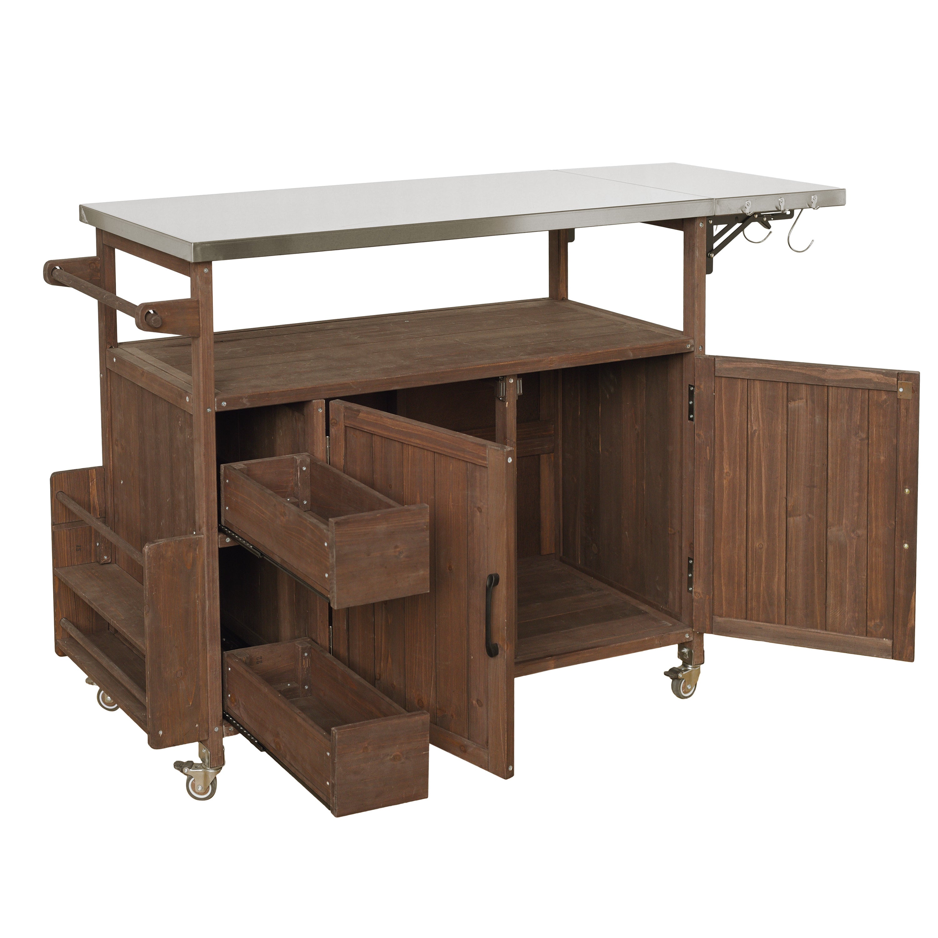 54.33' Farmhouse Rolling Outdoor Kitchen Cart, Solid Wood Frame with Stainless Steel Top, Spice Rack, Towel Rack, Lockable Wheels & Multi-Functional Storage for Patio, Backyard BBQ & Kitchen - Grand Goldman Shop