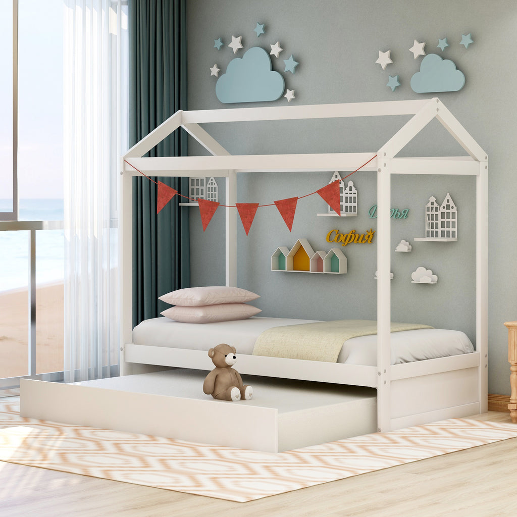 House Bed with Trundle in White, Pine Wood and MDF, Twin Size, Pre-Drilled Holes for Easy Assembly - Grand Goldman Shop