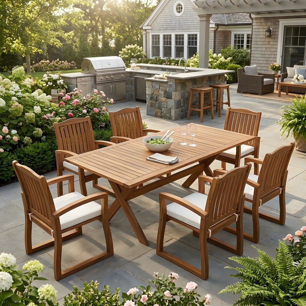7-teiliges Garten-Essgruppe aus Akazienholz mit cremefarbenen Kissen, modern, 6 Stühle und 1 großer Tisch, Essgarnitur für Rasen, Garten, Terrasse, Pool, Teak