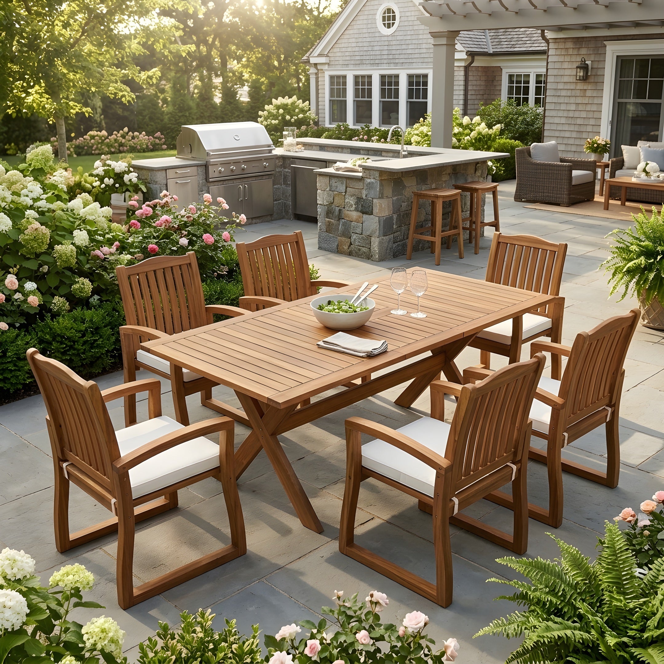 7-teiliges Garten-Essgruppe aus Akazienholz mit cremefarbenen Kissen, modern, 6 Stühle und 1 großer Tisch, Essgarnitur für Rasen, Garten, Terrasse, Pool, Teak