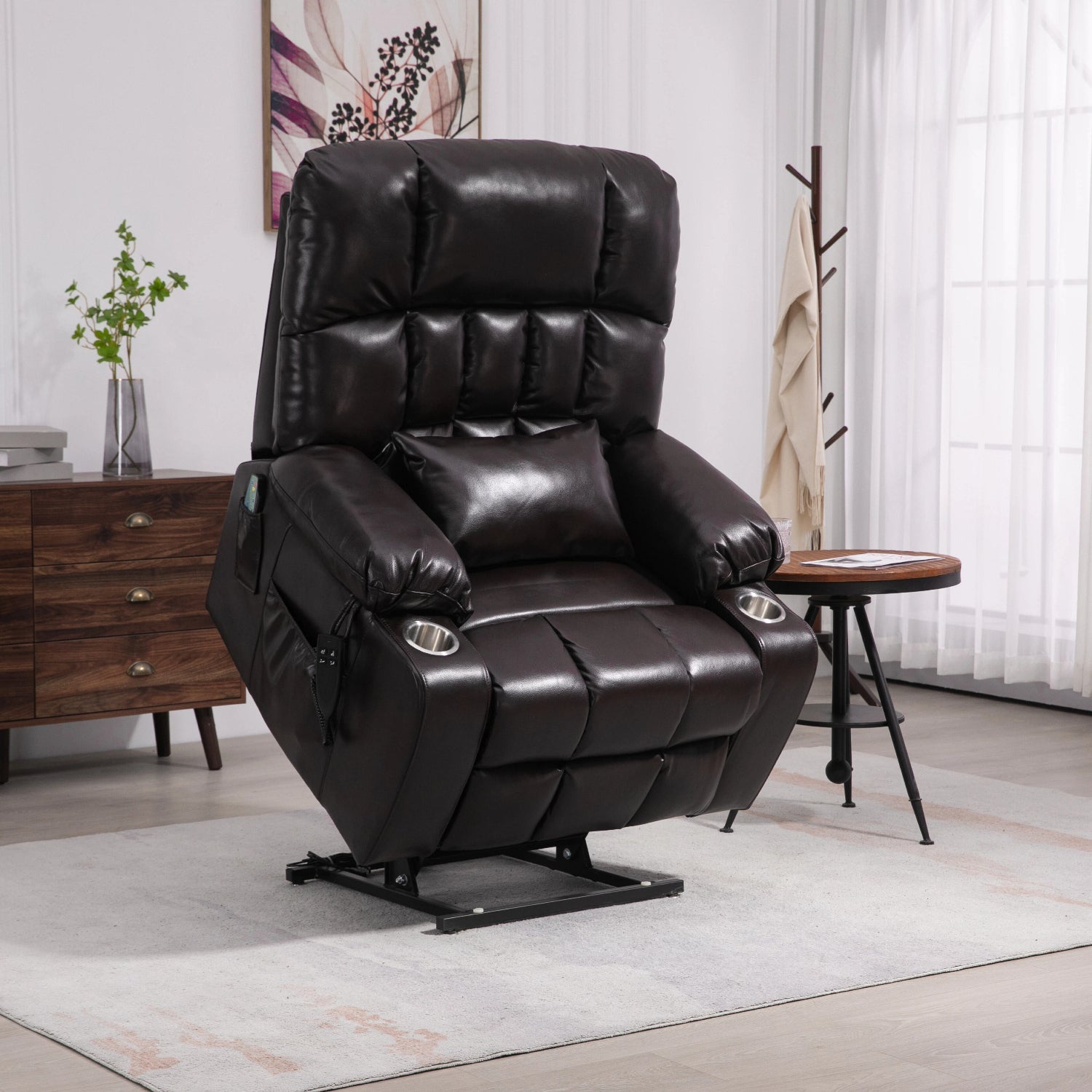 Wine Red High Density Foam Lift Chair for Big and Tall with Heat & Massage, 2 Pockets, 2 Cup Holders, Dual Remote, UL Certified OKIN Motor - Grand Goldman Shop