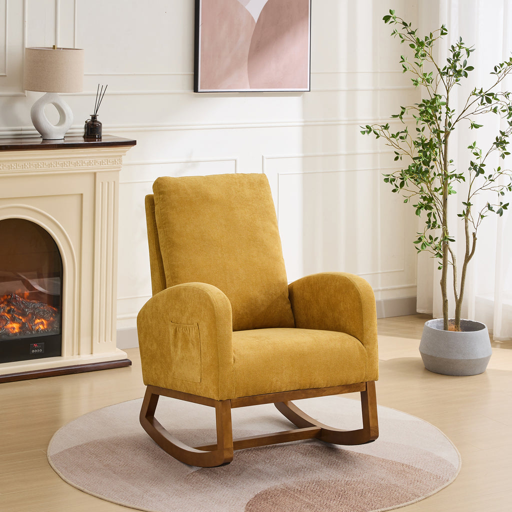 27.2'W Rocking Chair for Nursery, Polyester Glider Chair with High Back and Side Pocket, Rocking Accent Armchair with Rubber Wood Legs for Living Room/Bedroom.Mustard - Grand Goldman Shop