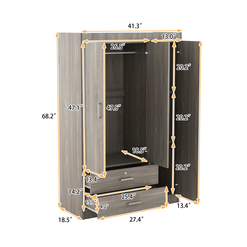 3-Door Wardrobe with 2 Drawers, Wood Grain Effect in Gray(OLD SKU:LP006001) - Grand Goldman Shop